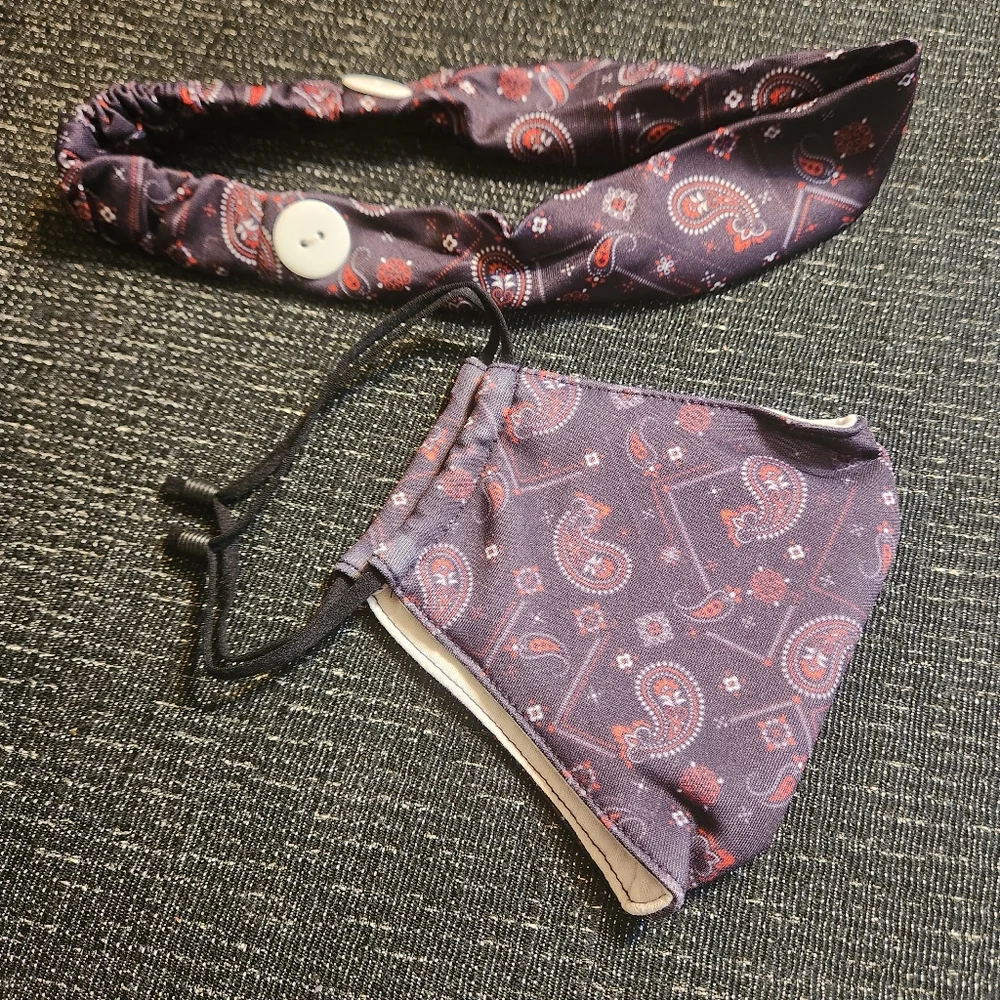 🔥 Face Mask and Headband Set Matching Paisley Deep Purple 2 Buttons Headband